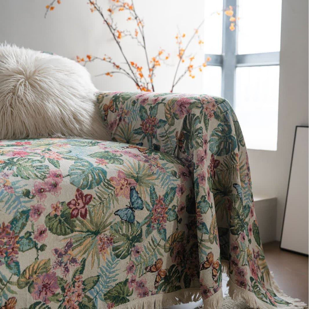 Tropical Monstera Butterfly Sofa Throw Blanket