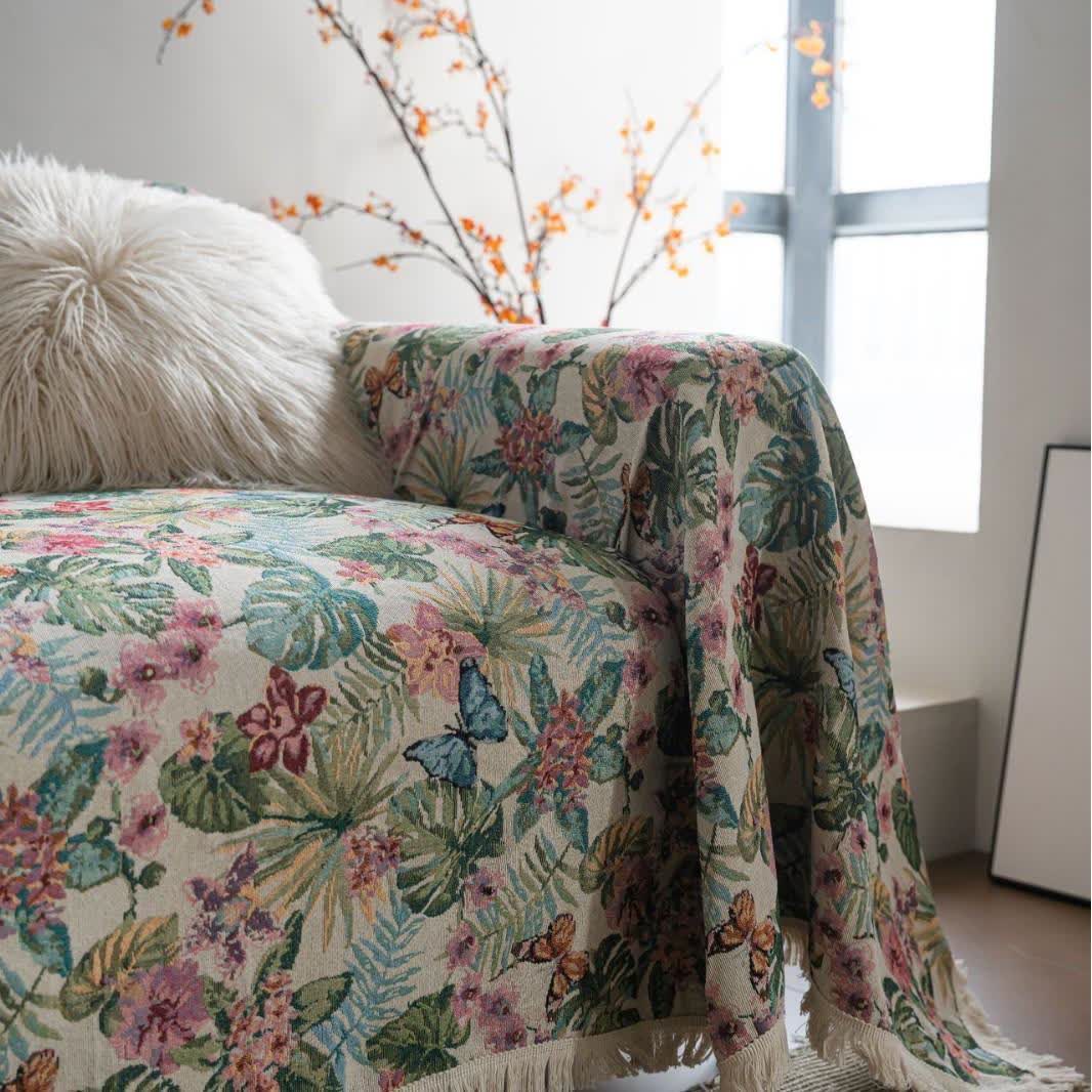 Tropical Monstera Butterfly Sofa Throw Blanket