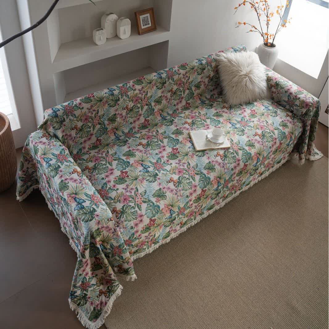 Tropical Monstera Butterfly Sofa Throw Blanket