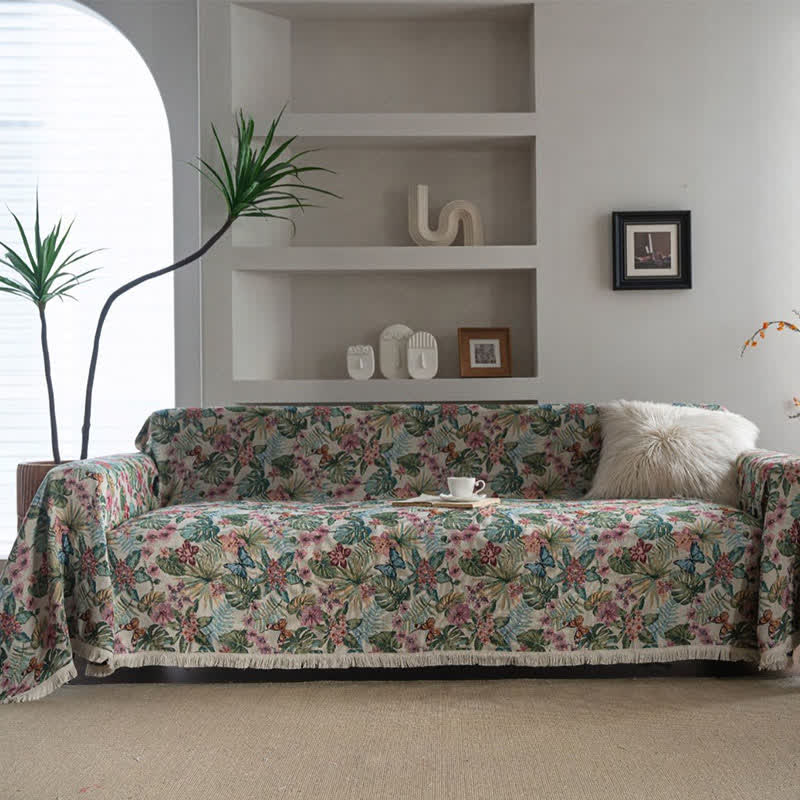 Tropical Monstera Butterfly Sofa Throw Blanket