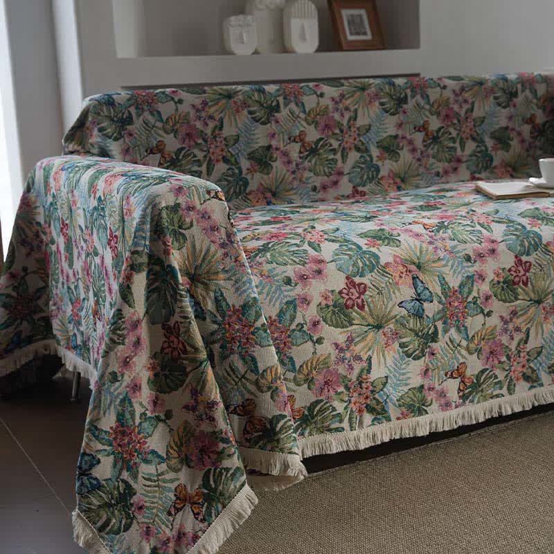 Tropical Monstera Butterfly Sofa Throw Blanket