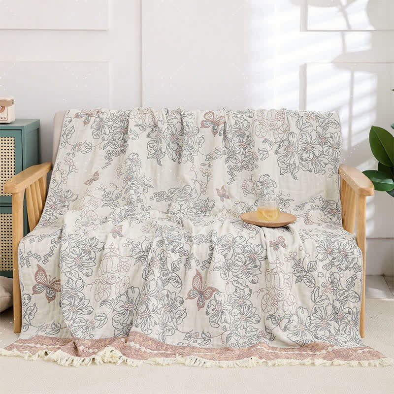 Pastel Floral Cotton Gauze Tassel Quilt