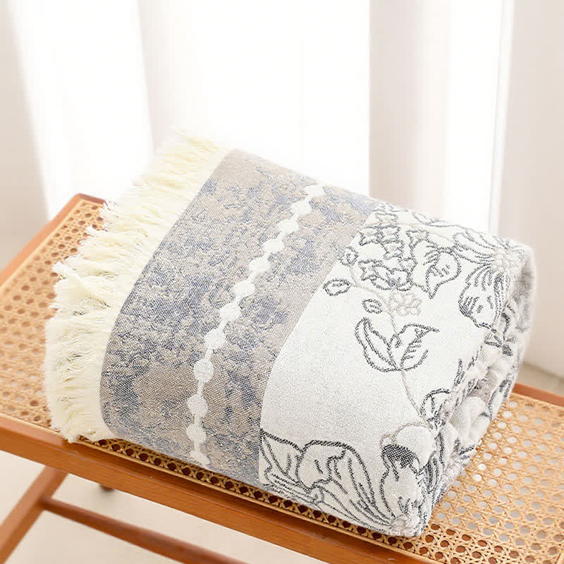 Pastel Floral Cotton Gauze Tassel Quilt