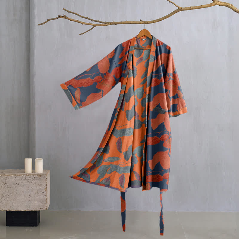 Botanical Leaf Cotton Gauze Kimono Robe