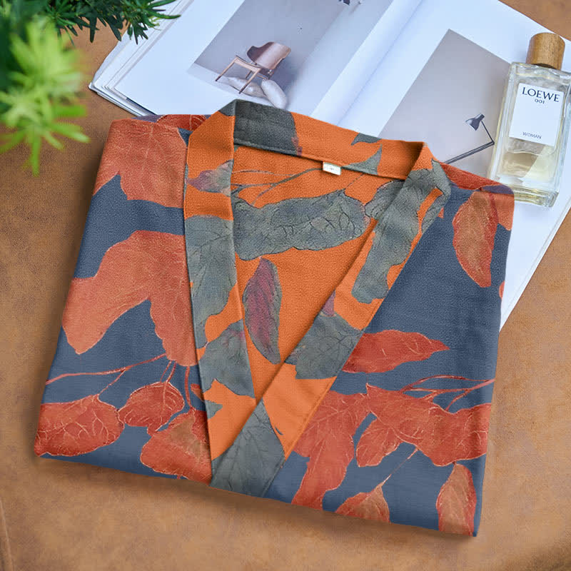 Botanical Leaf Cotton Gauze Kimono Robe