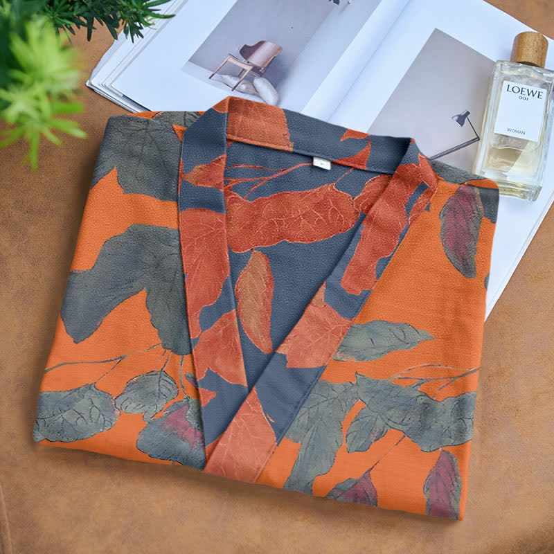 Botanical Leaf Cotton Gauze Kimono Robe