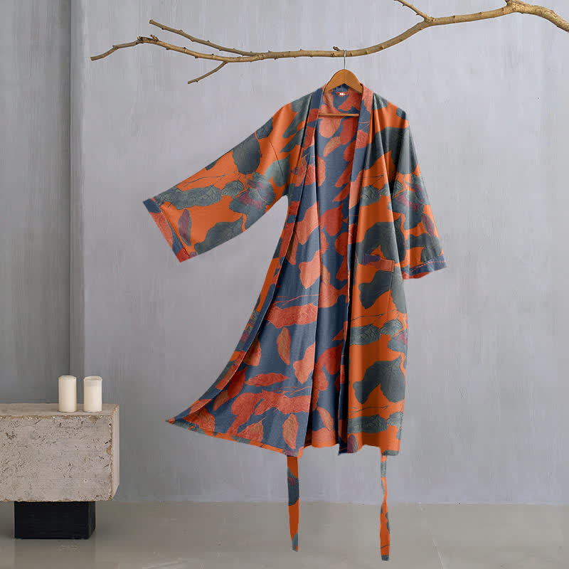 Botanical Leaf Cotton Gauze Kimono Robe