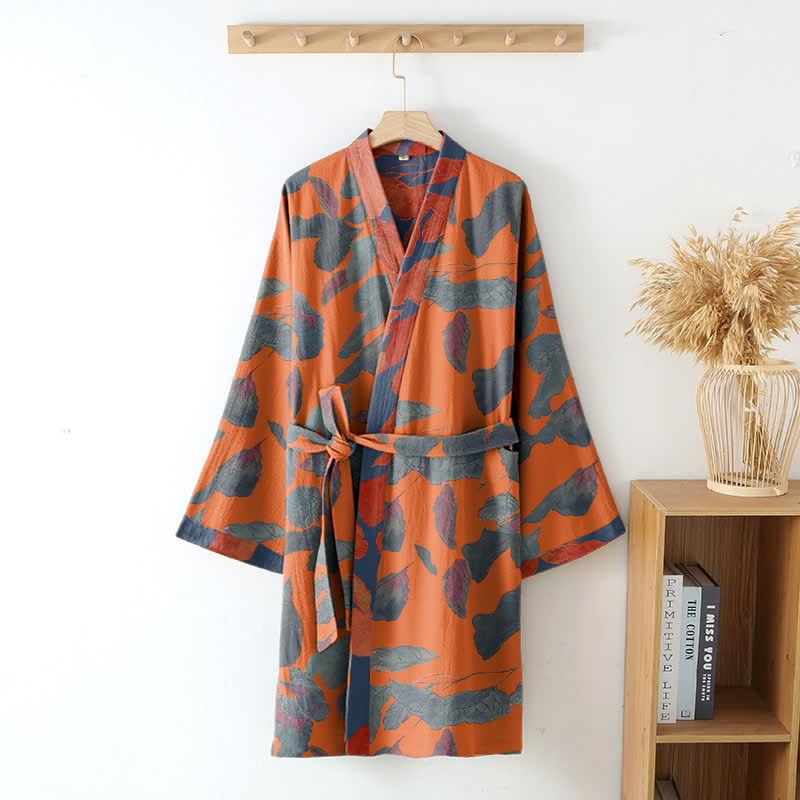 Botanical Leaf Cotton Gauze Kimono Robe
