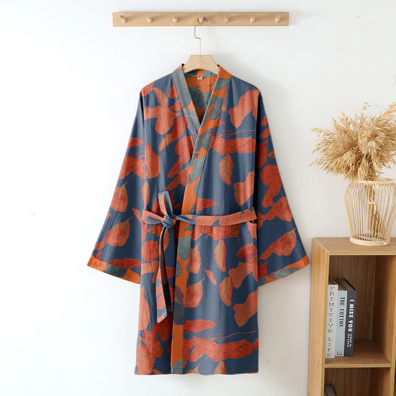 Botanical Leaf Cotton Gauze Kimono Robe
