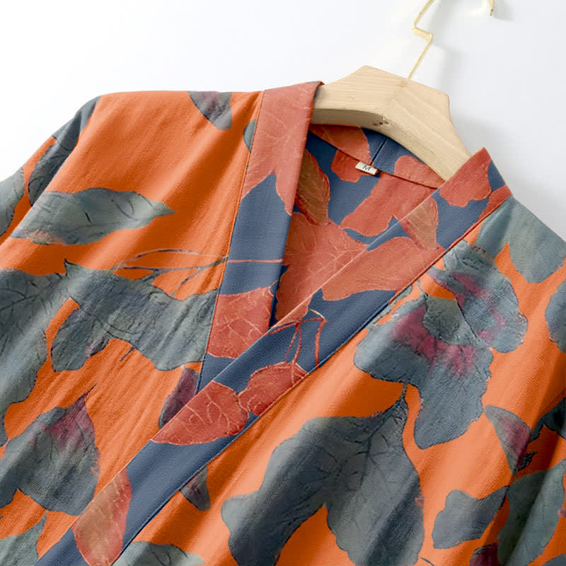 Botanical Leaf Cotton Gauze Kimono Robe