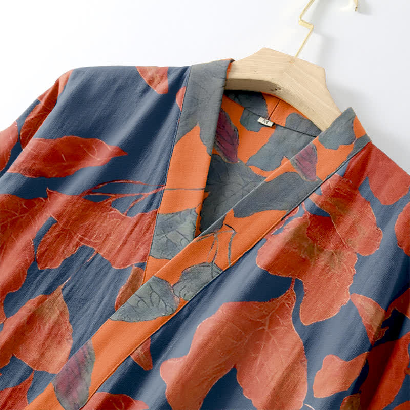 Botanical Leaf Cotton Gauze Kimono Robe