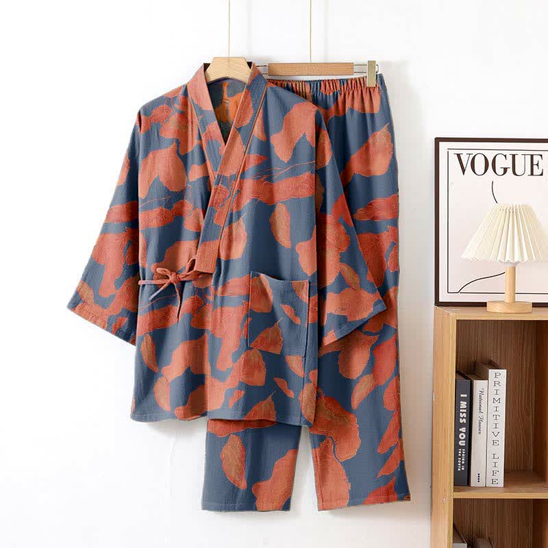 Botanical Leaf Cotton Kimono Loungewear Set