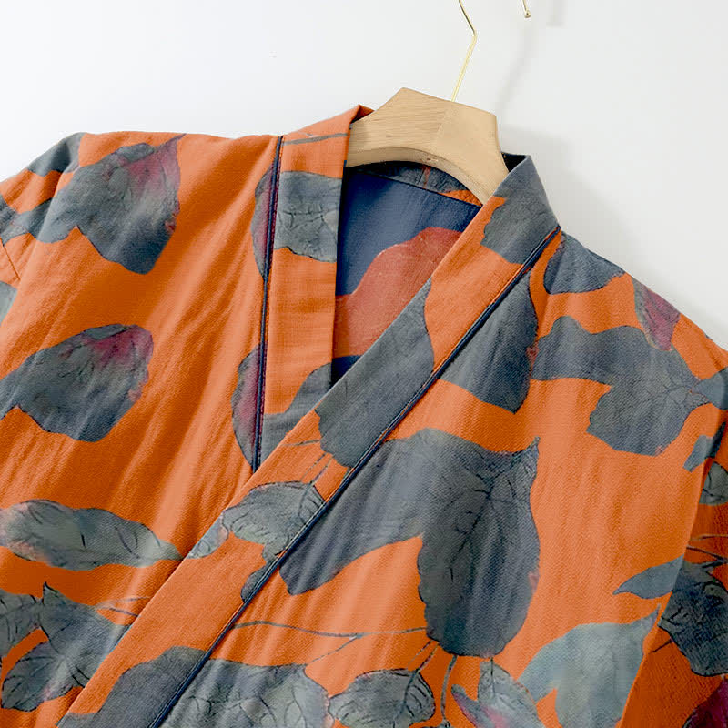 Botanical Leaf Cotton Kimono Loungewear Set