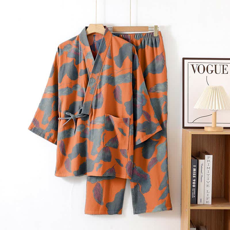 Botanical Leaf Cotton Kimono Loungewear Set