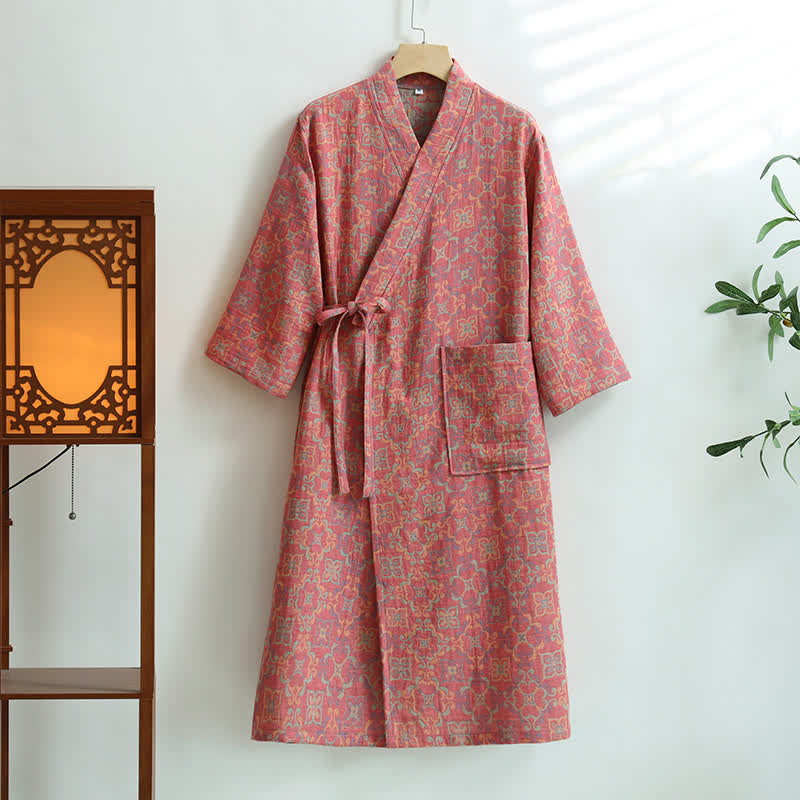 Vintage Floral Cotton Gauze Pocket Bathrobe