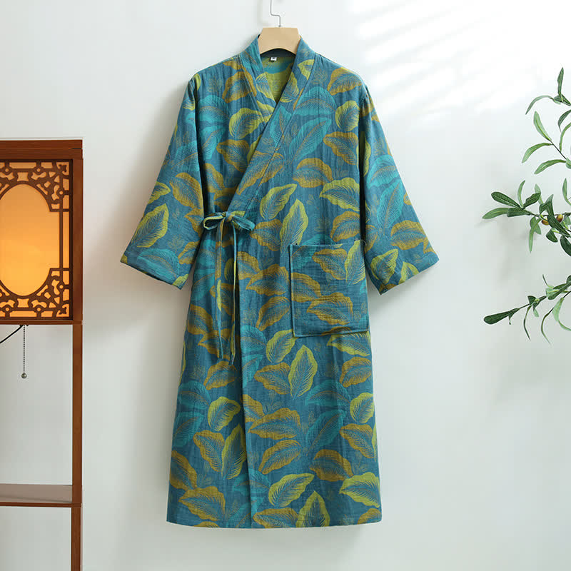 Tropical Leave Cotton Gauze Pocket Bathrobe