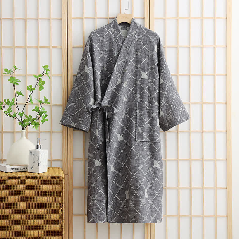 Unisex Diamond Plaid Cotton Pocket Bathrobe