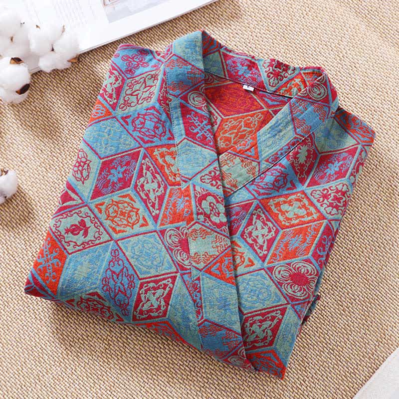 Retro Geometric Diamond Cotton Gauze Bathrobe
