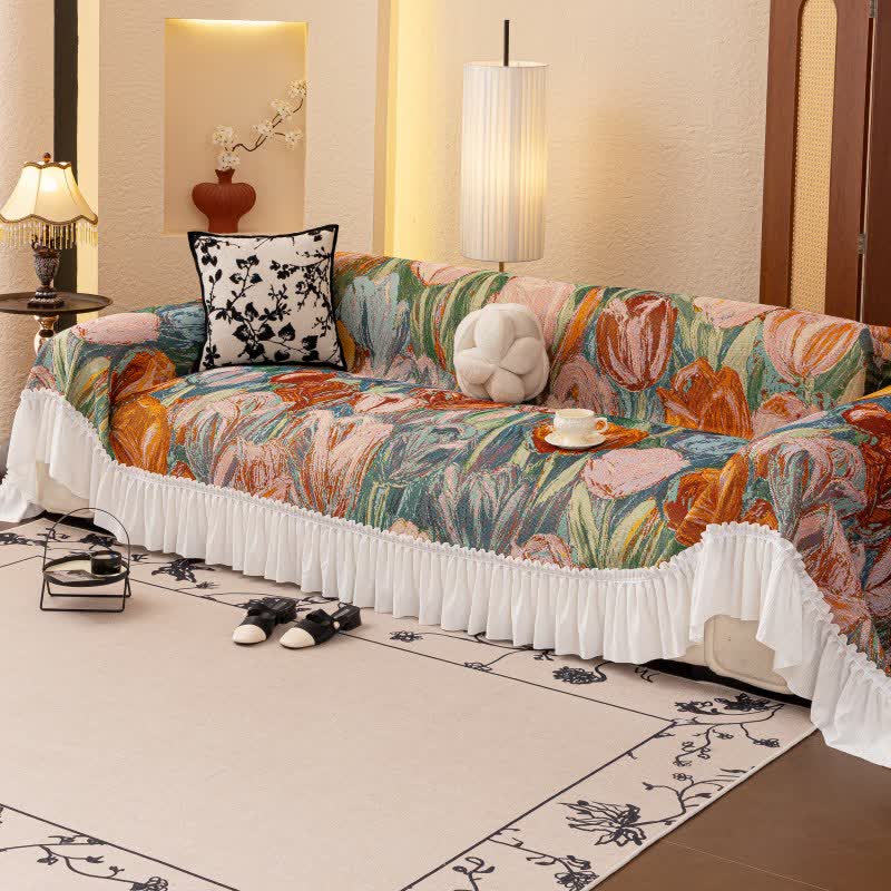 Oil Painting Ruffled Sofa Throw Blanket