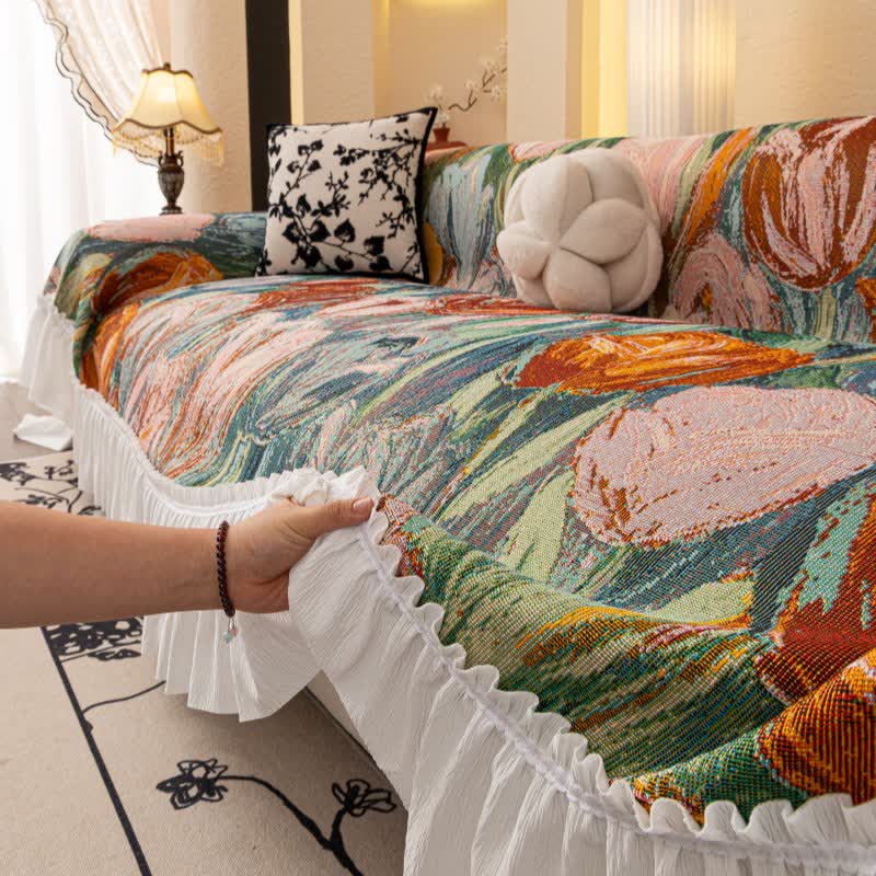 Oil Painting Ruffled Sofa Throw Blanket