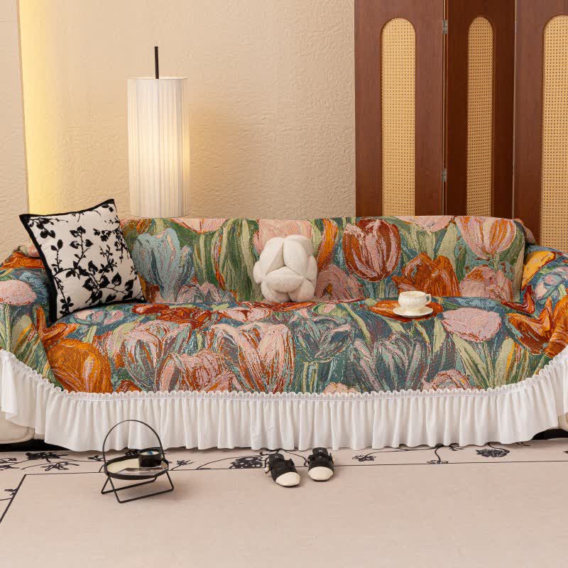 Oil Painting Ruffled Sofa Throw Blanket