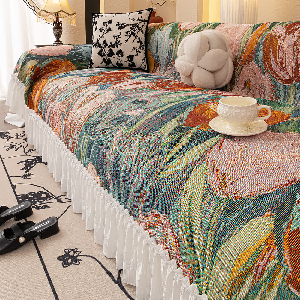 Oil Painting Ruffled Sofa Throw Blanket