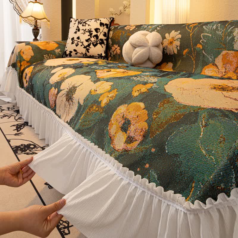 Yellow Floral Ruffled Sofa Throw Blanket