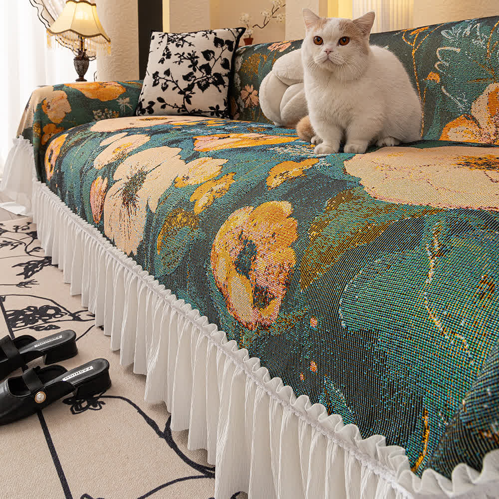 Yellow Floral Ruffled Sofa Throw Blanket