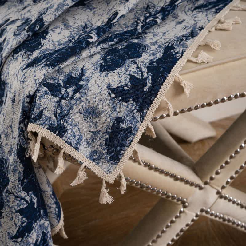 Blue Abstract Jacquard Tassel Curtains