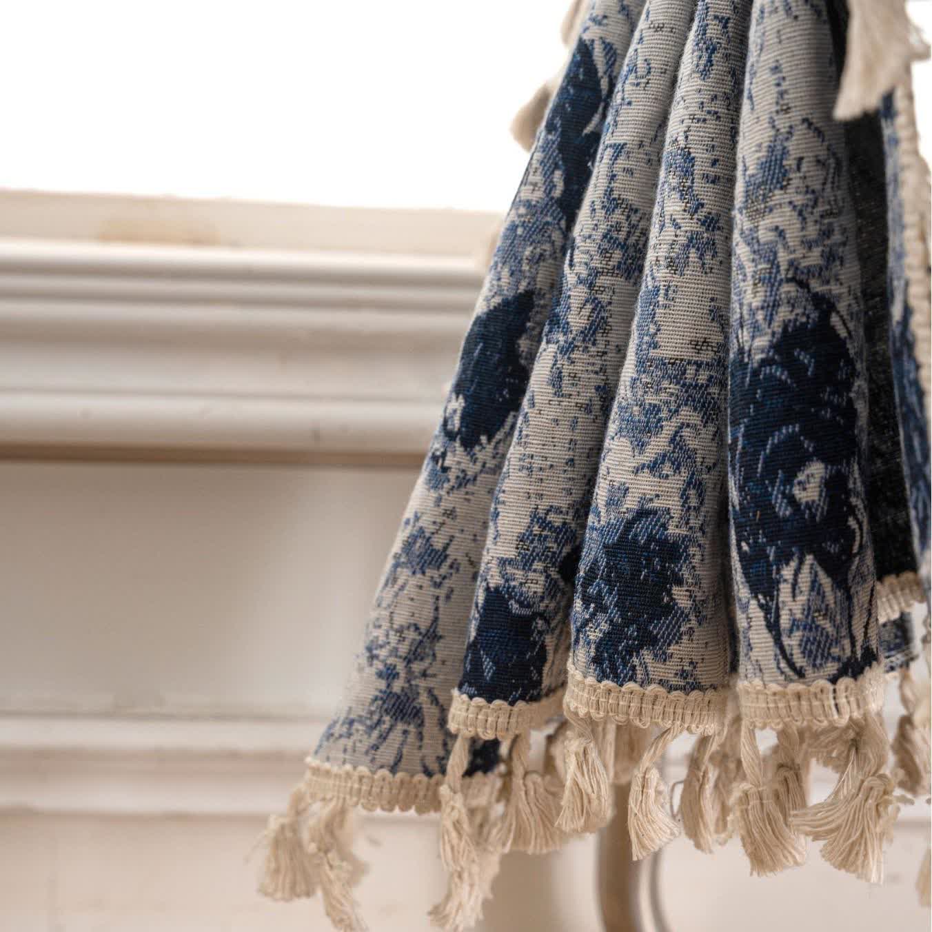 Blue Abstract Jacquard Tassel Curtains