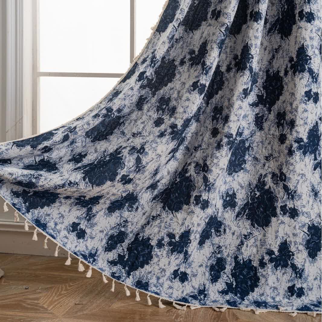 Blue Abstract Jacquard Tassel Curtains