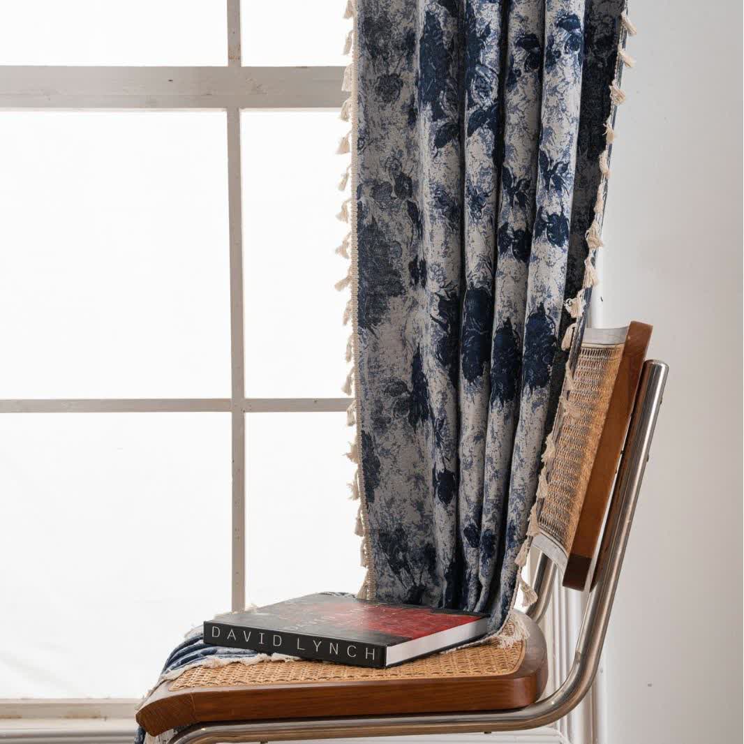 Blue Abstract Jacquard Tassel Curtains