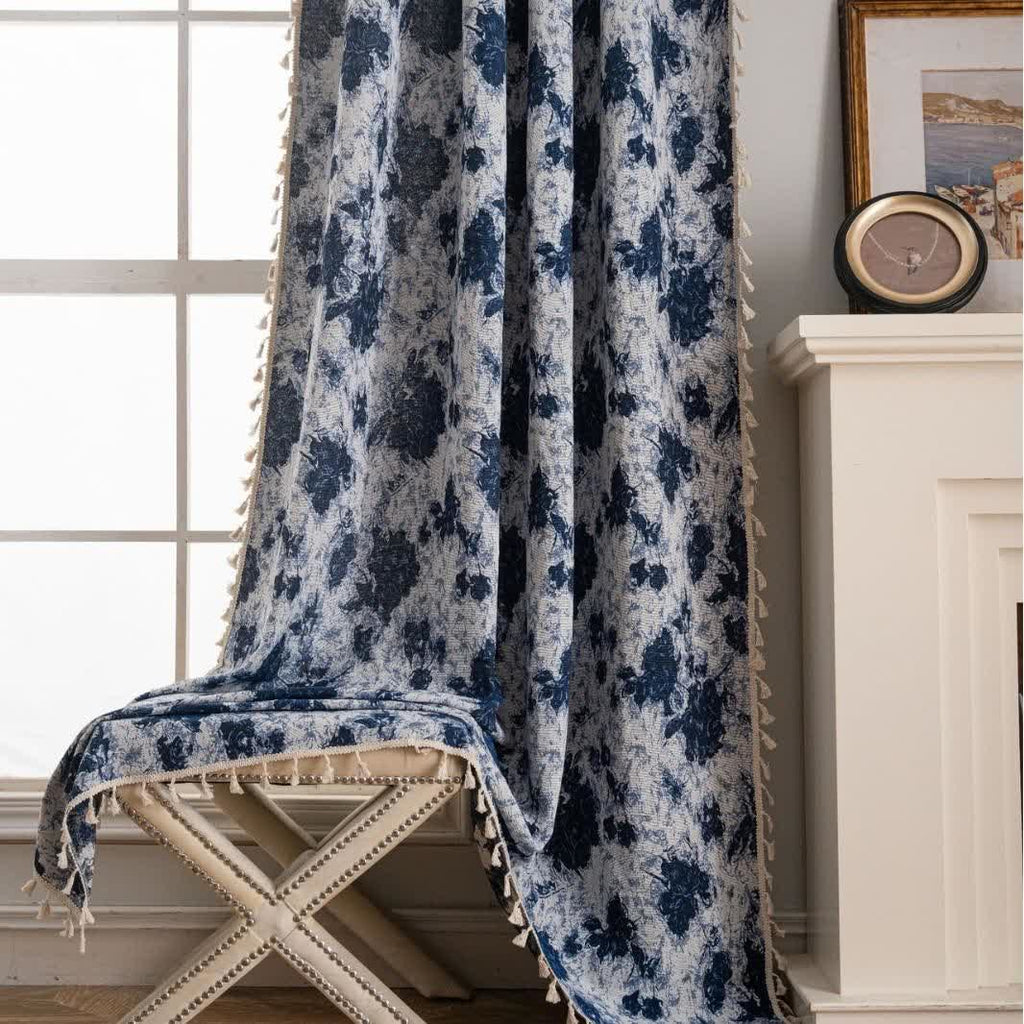 Blue Abstract Jacquard Tassel Curtains