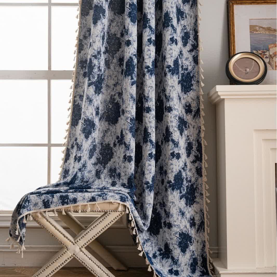 Blue Abstract Jacquard Tassel Curtains
