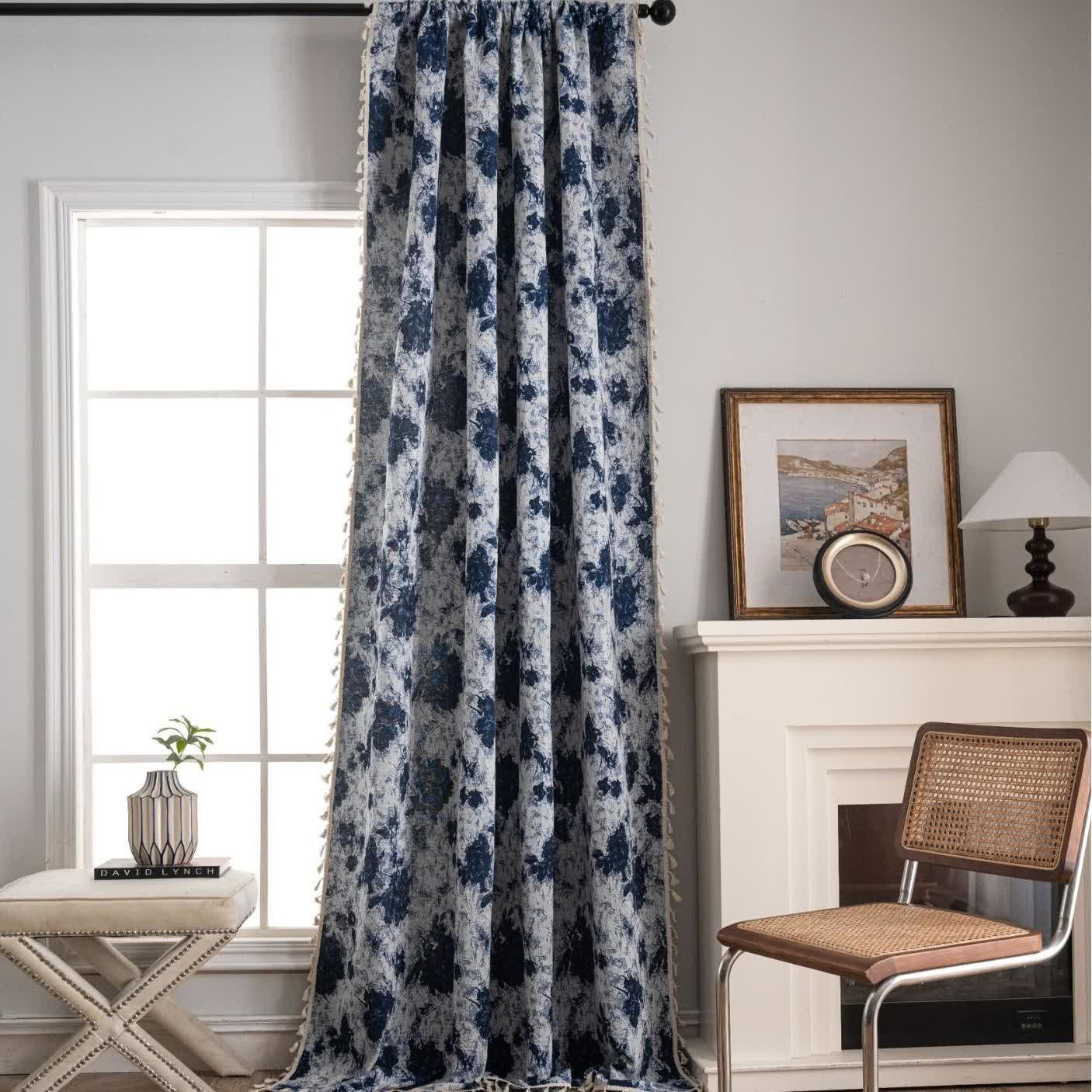 Blue Abstract Jacquard Tassel Curtains