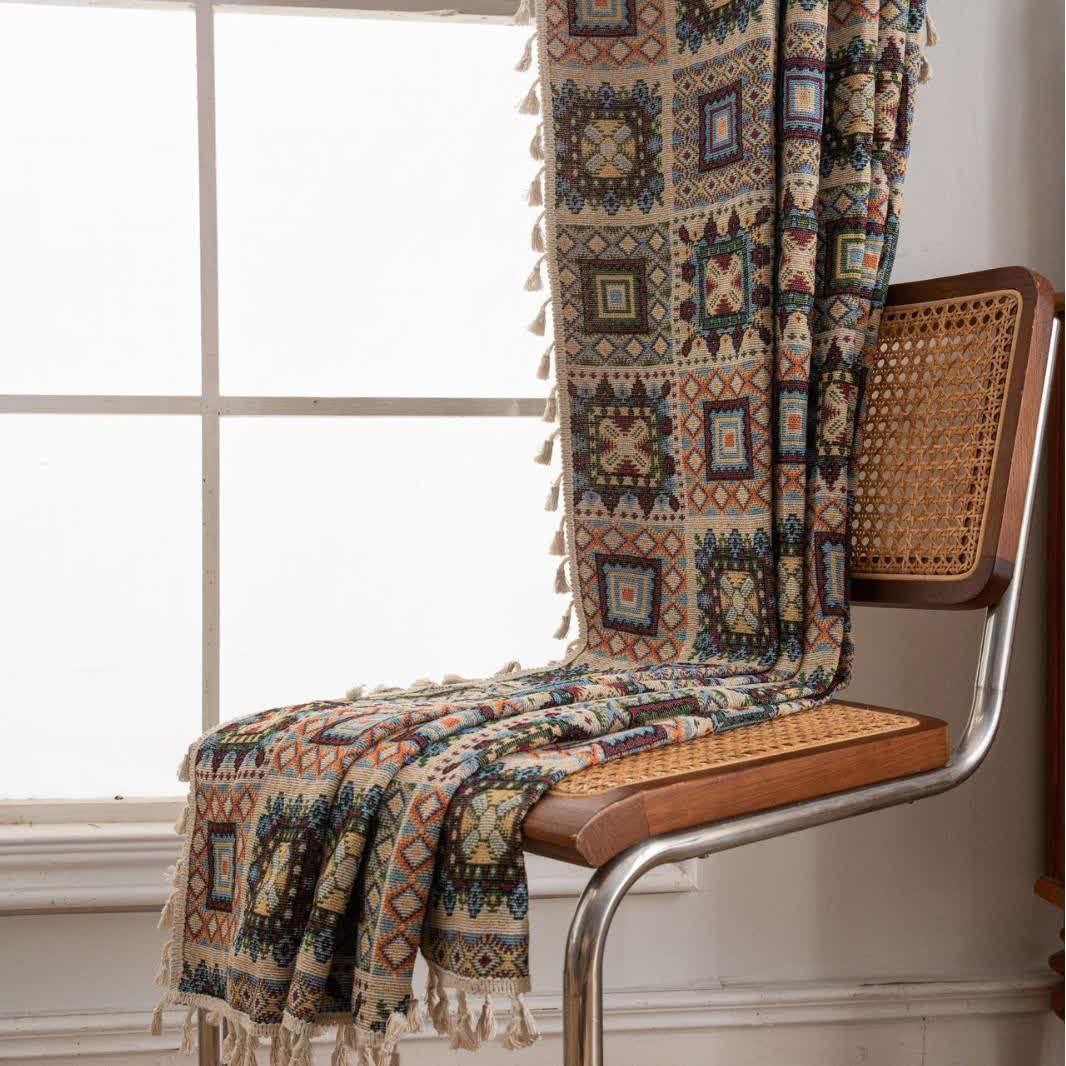 Retro Geometric Square Jacquard Curtain