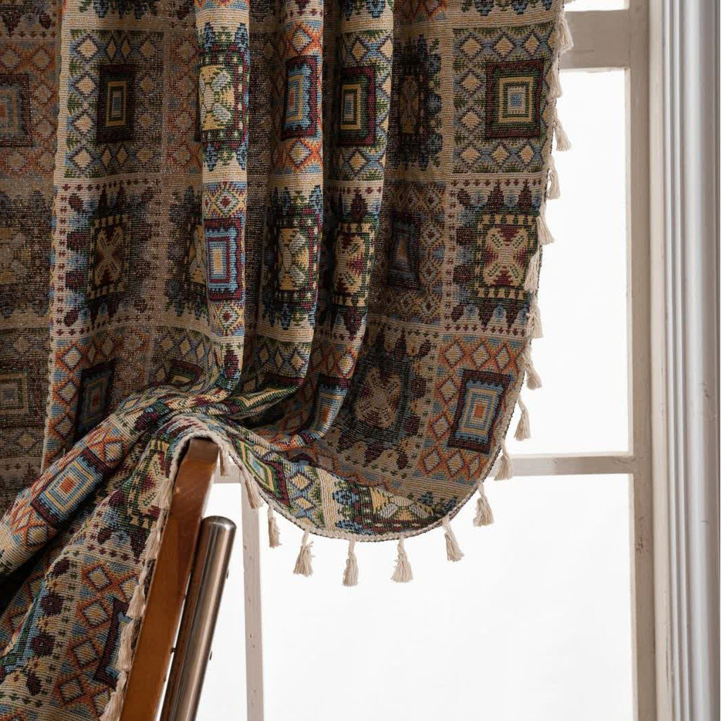 Retro Geometric Square Jacquard Curtain