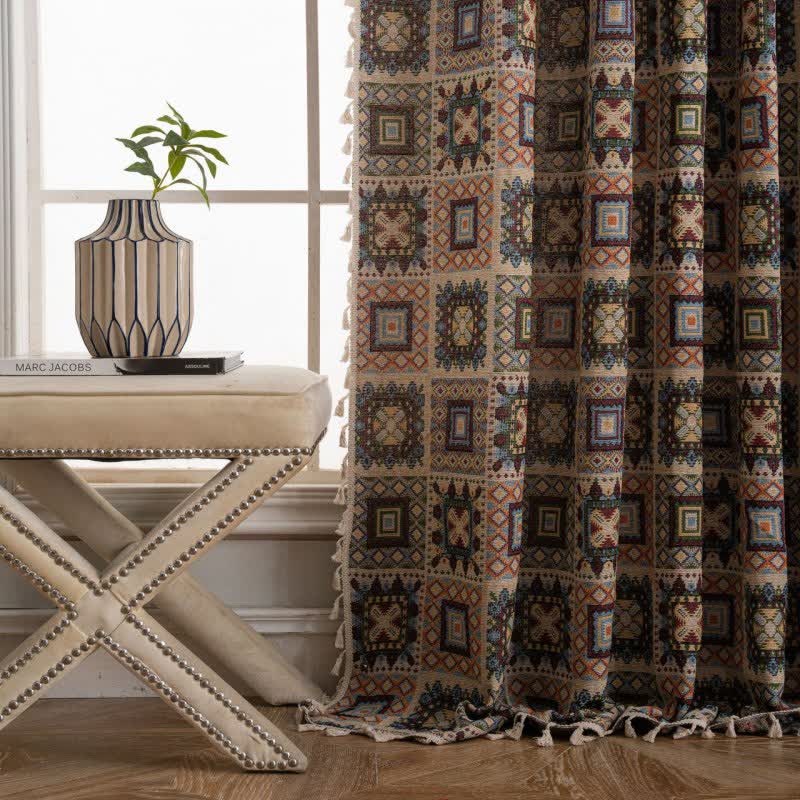Retro Geometric Square Jacquard Curtain