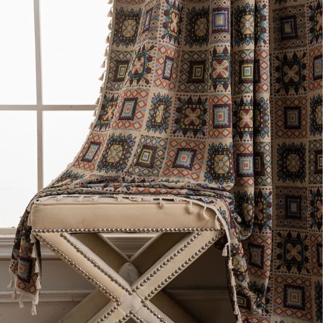 Retro Geometric Square Jacquard Curtain