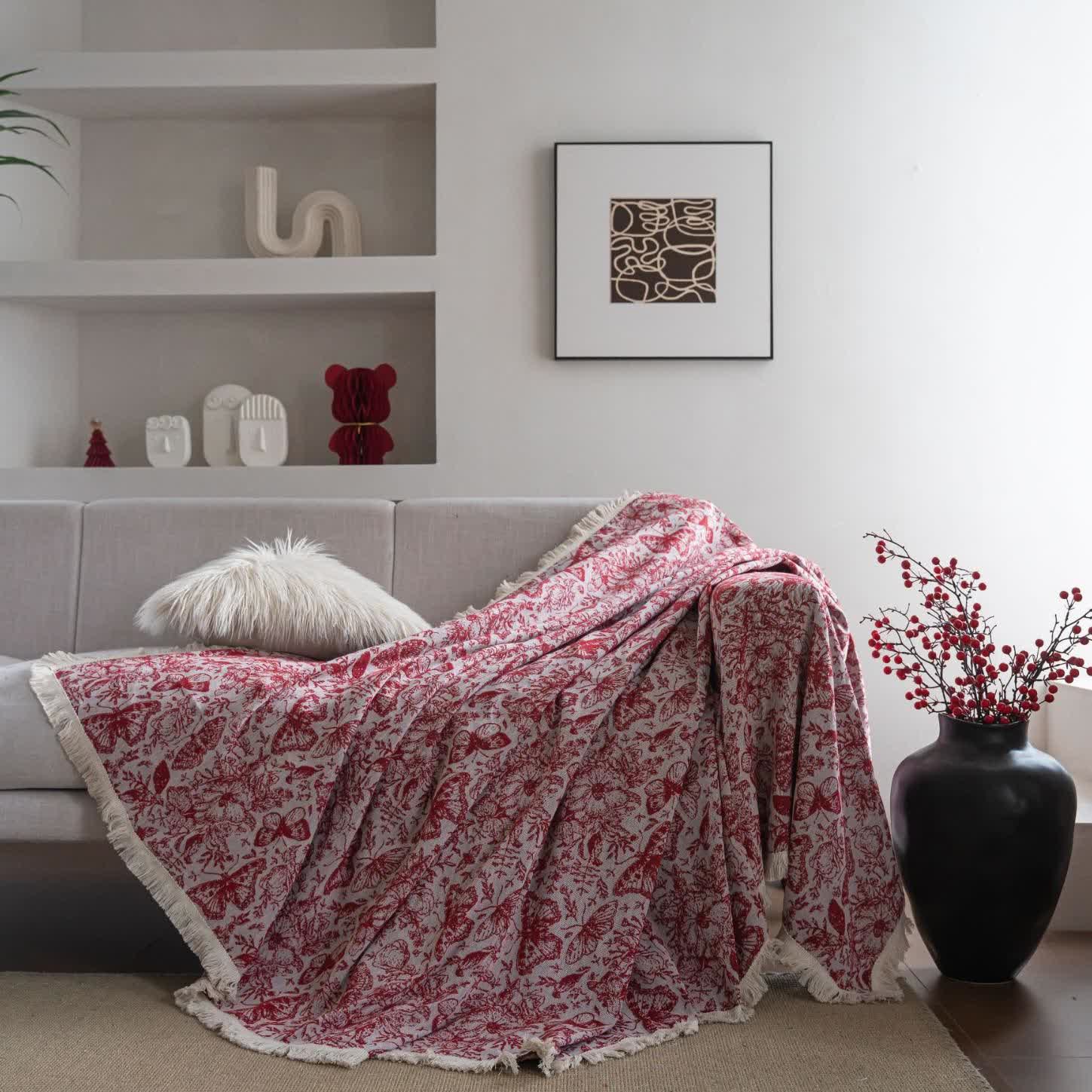 Red Butterfly Floral Sofa Throw Blanket