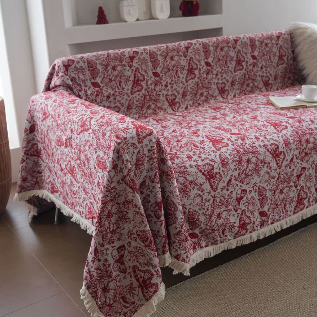 Red Butterfly Floral Sofa Throw Blanket