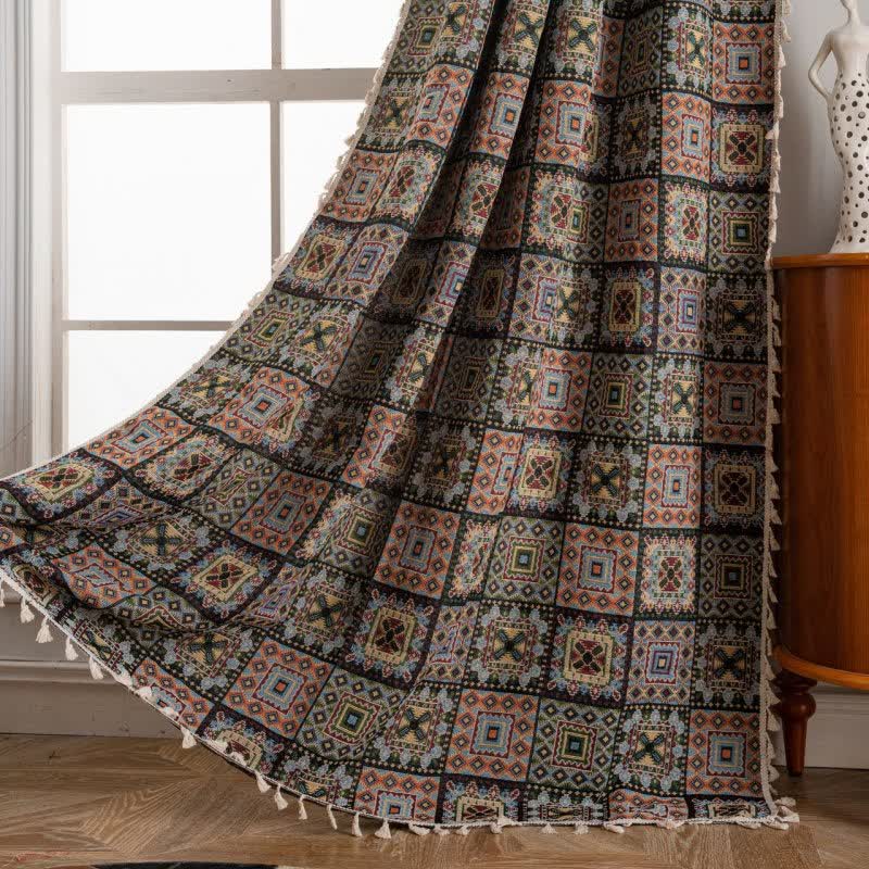 Retro Geometric Square Jacquard Curtain