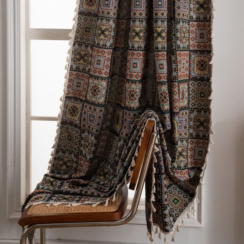 Retro Geometric Square Jacquard Curtain