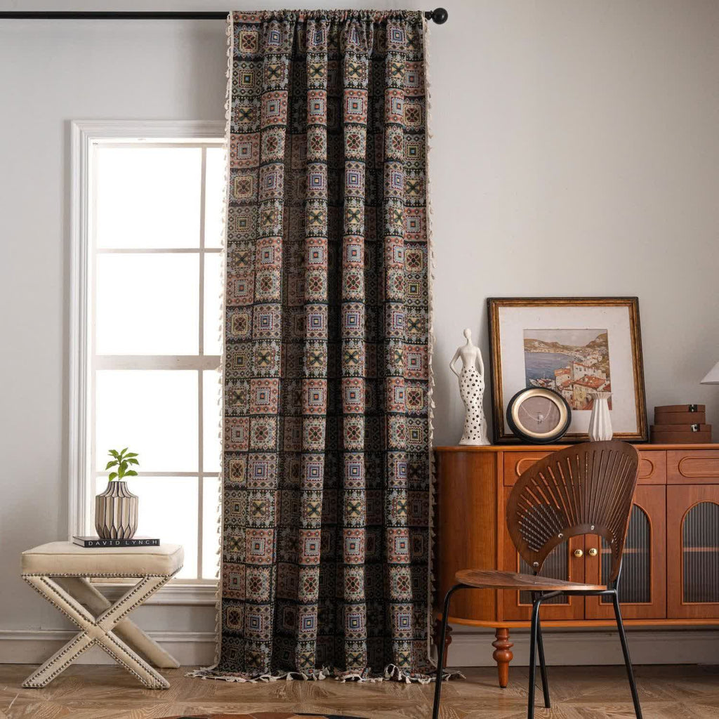 Retro Geometric Square Jacquard Curtain