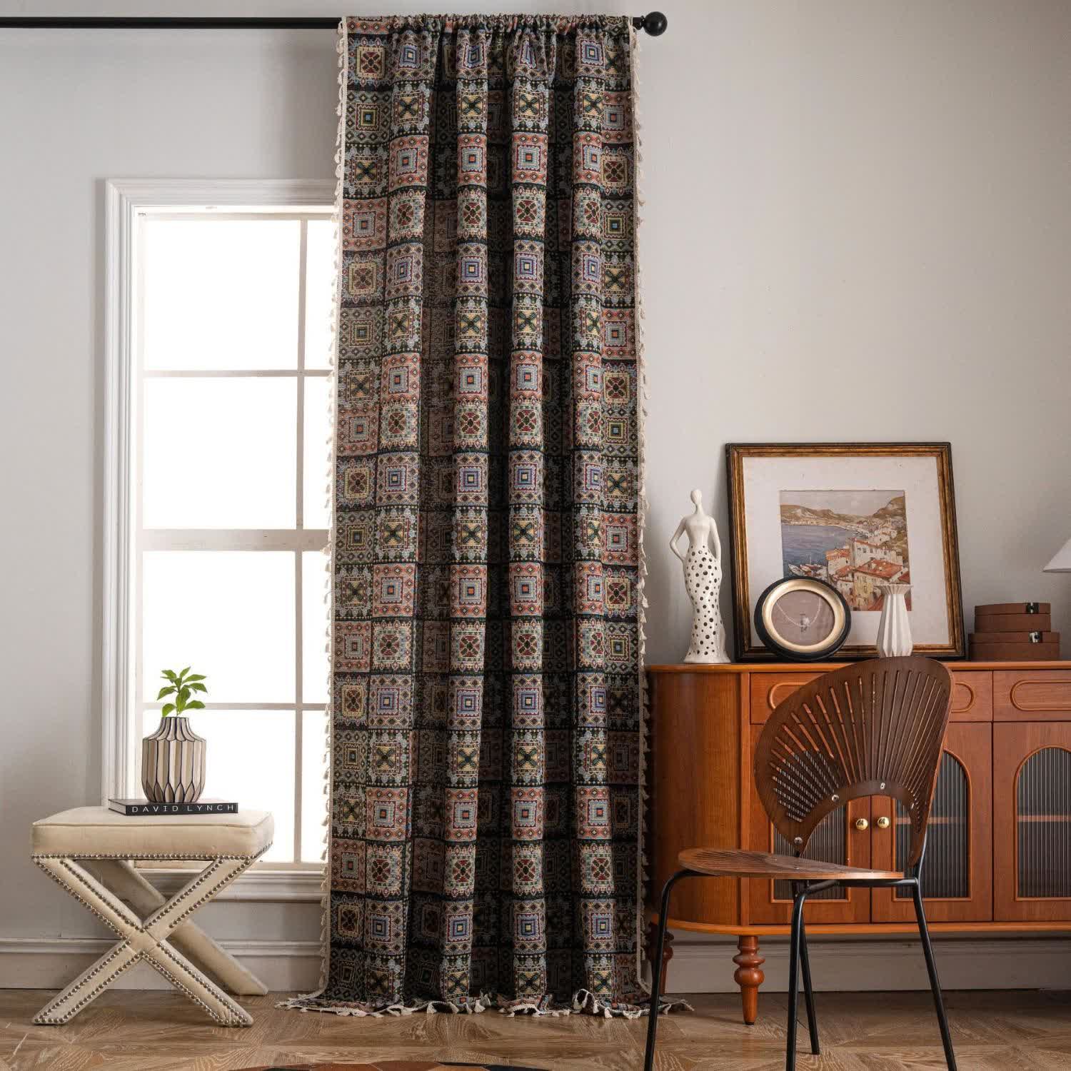 Retro Geometric Square Jacquard Curtain
