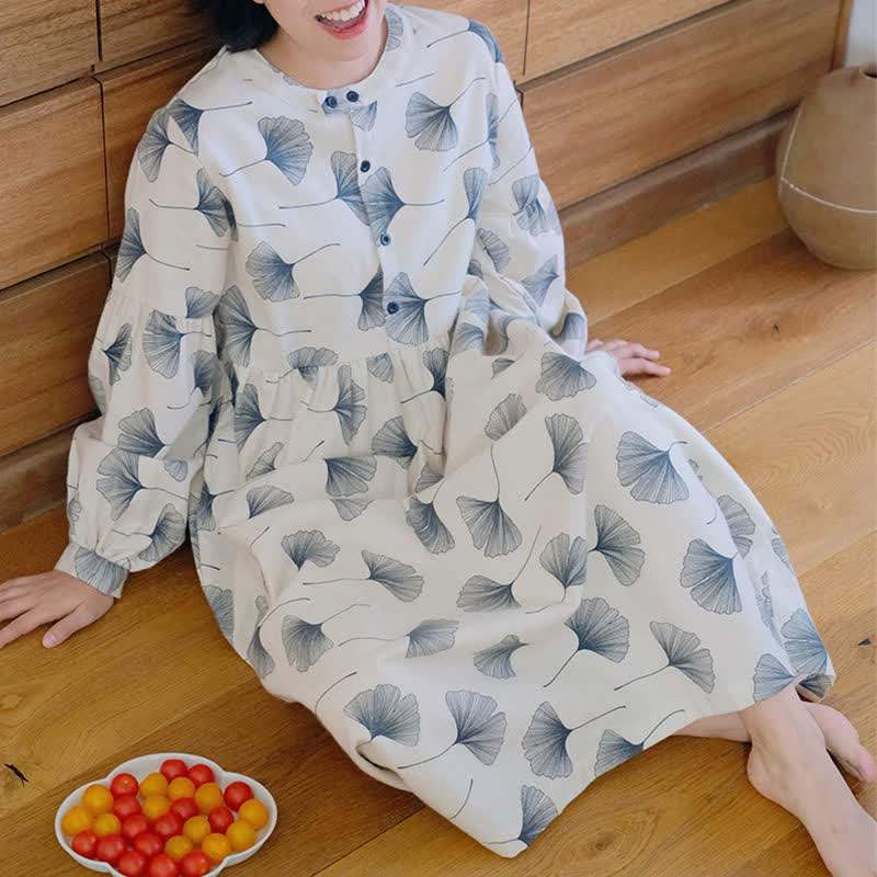 Brushed Cotton Ginkgo Leaf Button Nightgown