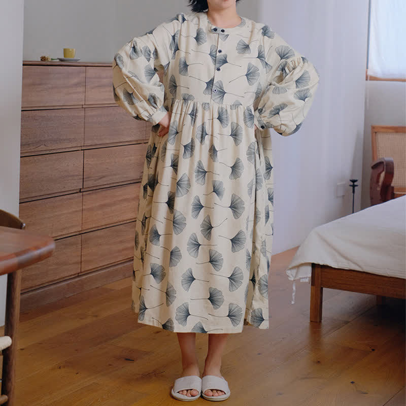 Brushed Cotton Ginkgo Leaf Button Nightgown