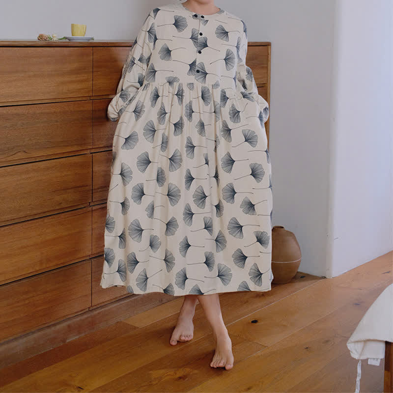 Brushed Cotton Ginkgo Leaf Button Nightgown