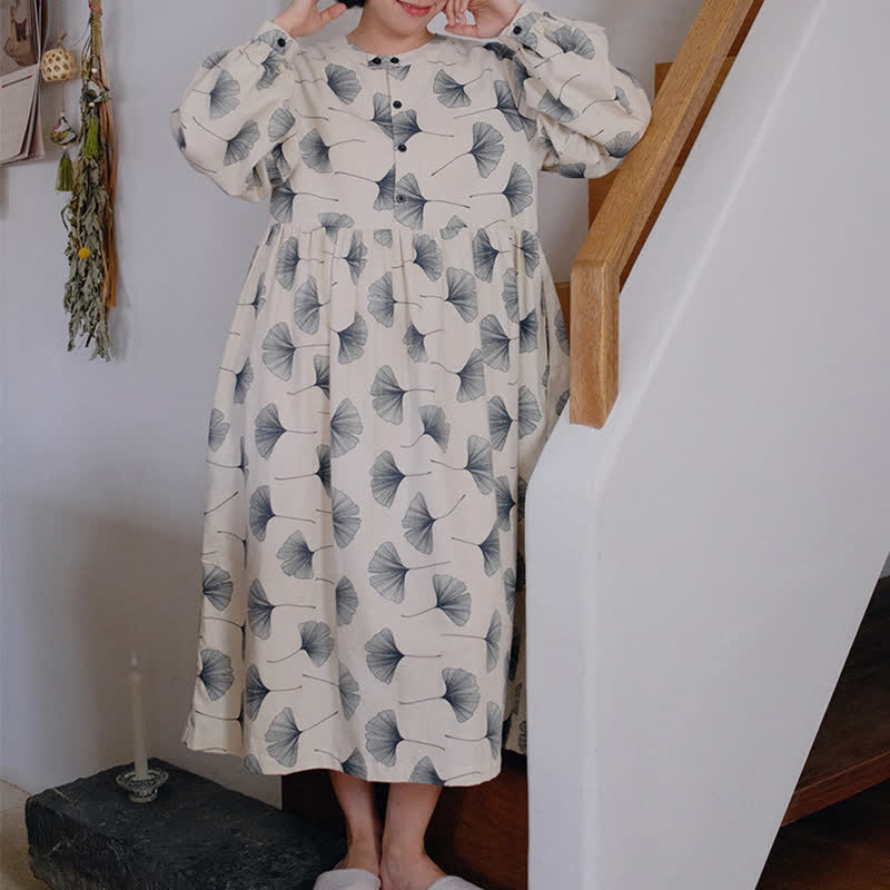 Brushed Cotton Ginkgo Leaf Button Nightgown