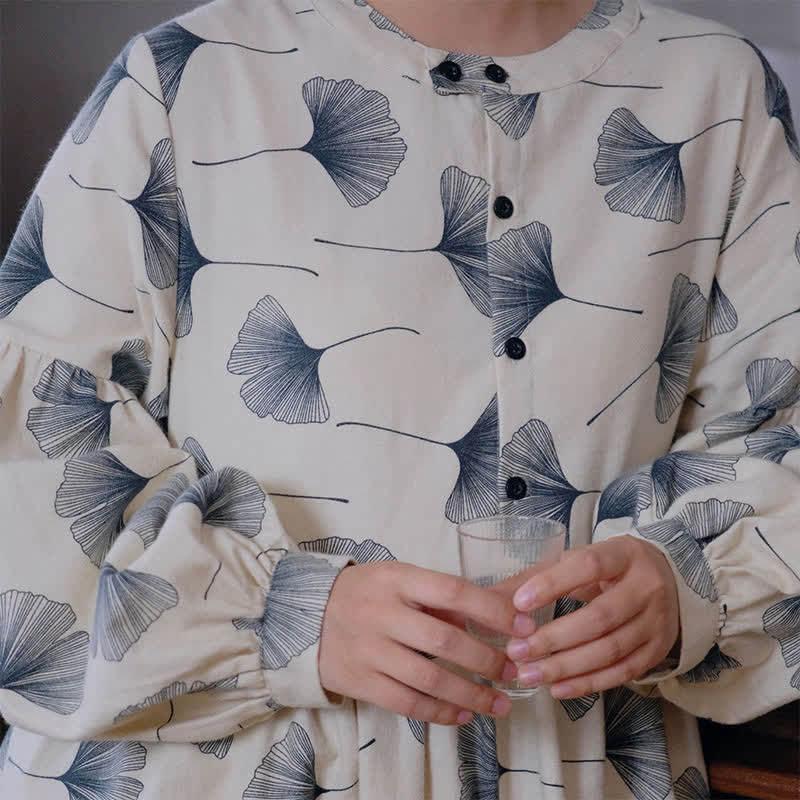 Brushed Cotton Ginkgo Leaf Button Nightgown